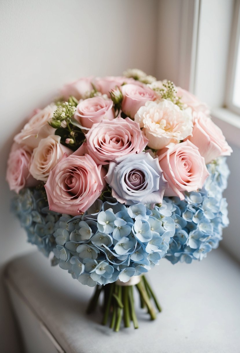 A delicate bouquet of blush pink roses and baby blue hydrangeas nestled together in a pastel wedding arrangement