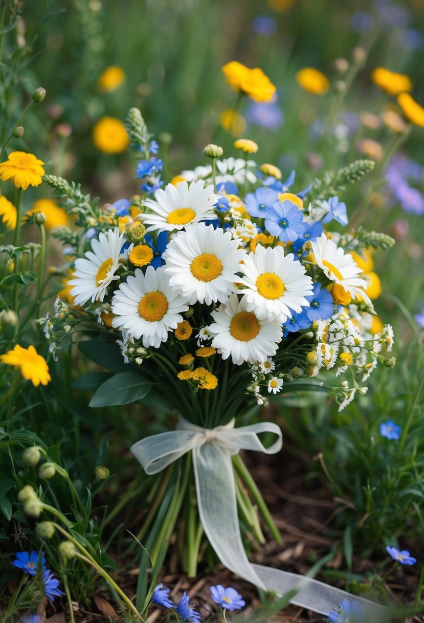 A lush bouquet of daisies and forget-me-nots nestled among wildflowers, tied with a delicate ribbon