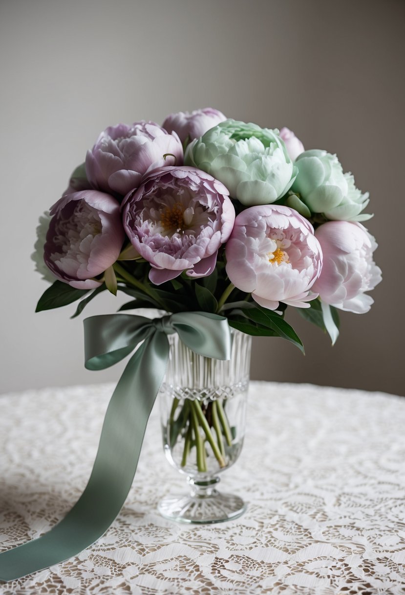 A delicate bouquet of mauve and mint green peonies, tied with a satin ribbon, sits in a crystal vase on a lace-covered table