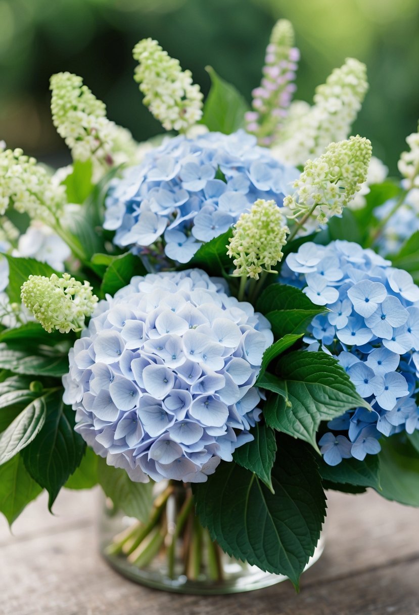 A lush bouquet of elegant hydrangeas and delicate forget-me-nots, arranged with artistic flair