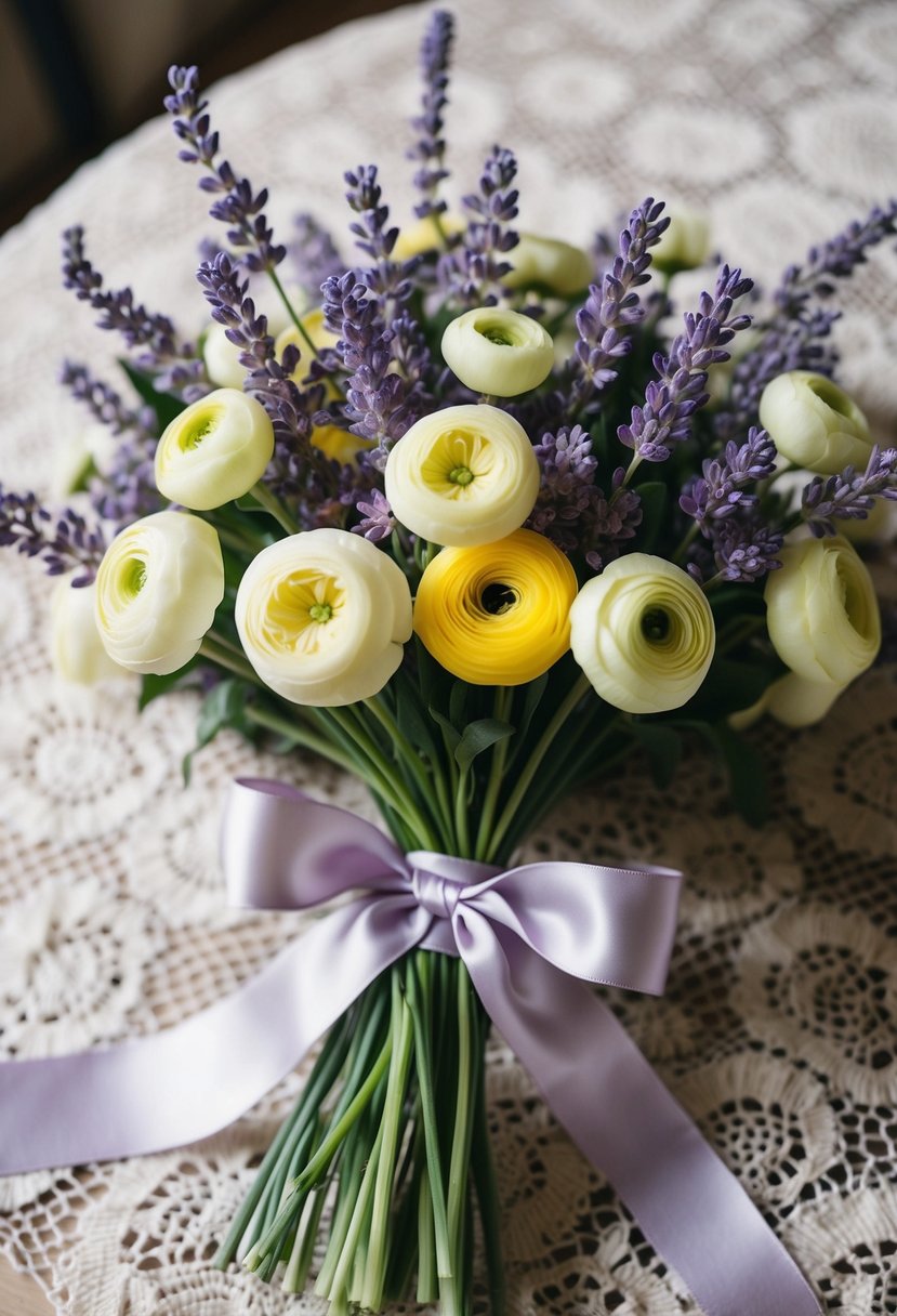 A delicate bouquet of lavender and soft yellow ranunculus, tied with a satin ribbon, sits on a vintage lace tablecloth