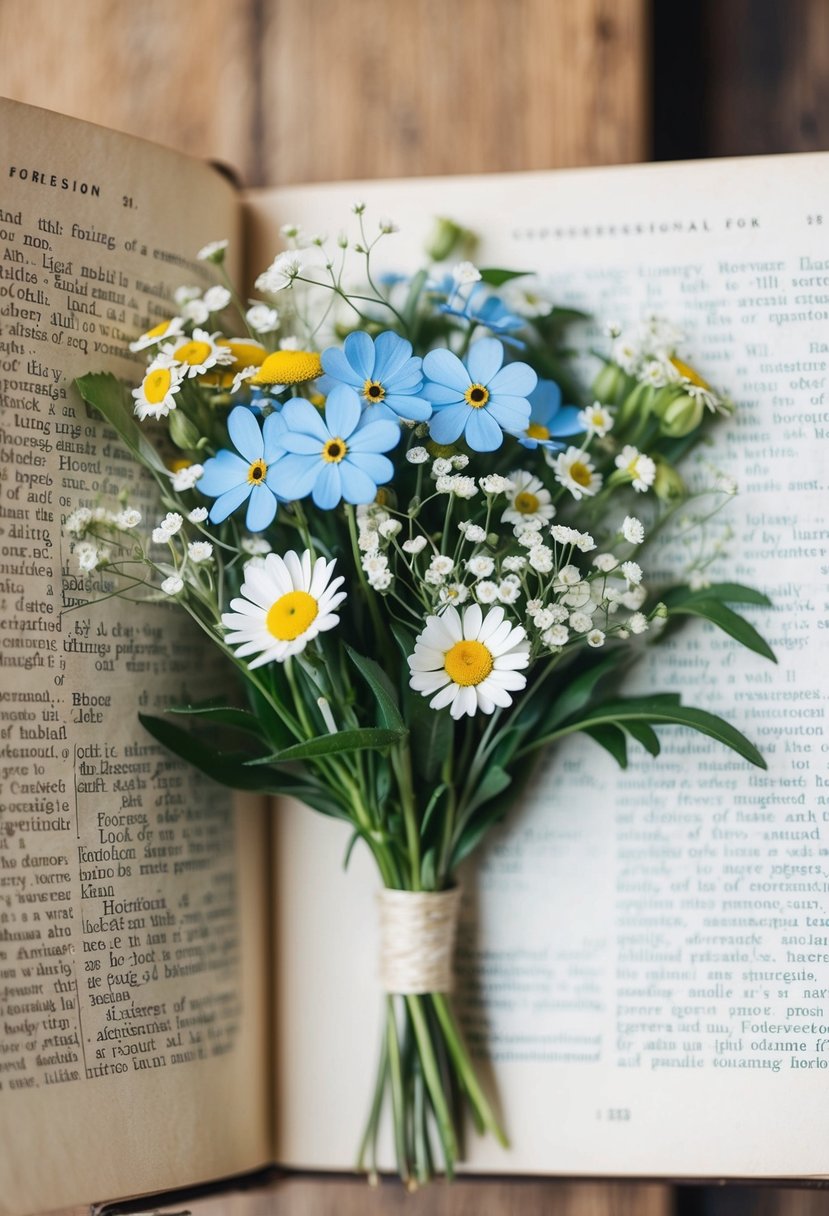 A delicate bouquet of forget-me-nots, daisies, and baby's breath, carefully arranged and pressed between the pages of a vintage book