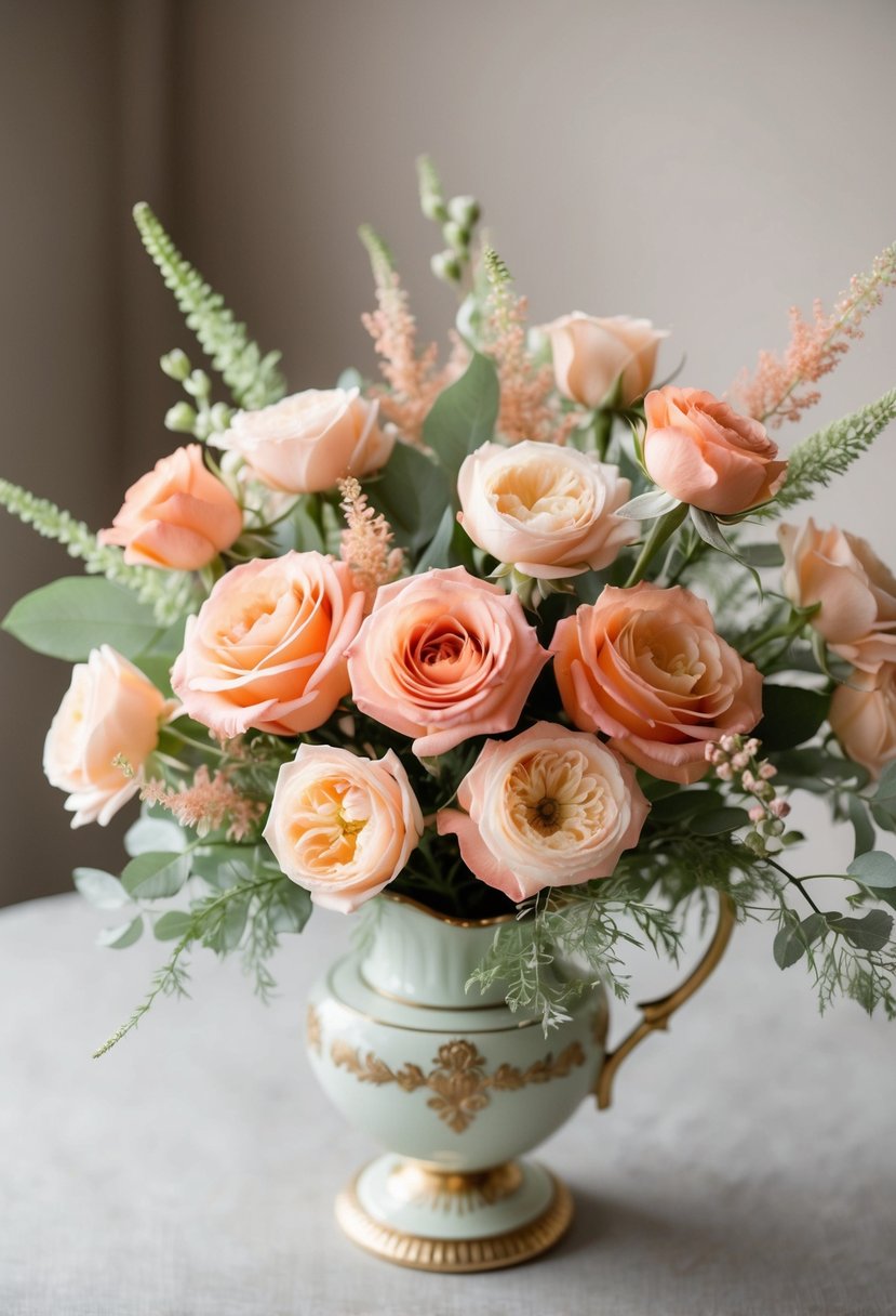 A delicate bouquet of peach and coral roses, accented with pastel greenery, arranged in a vintage-inspired vase