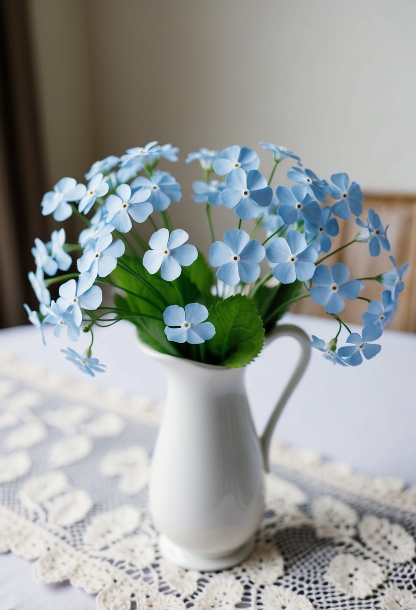 A delicate bouquet of artificial forget-me-nots in a white vase, with soft lighting and a lace table runner