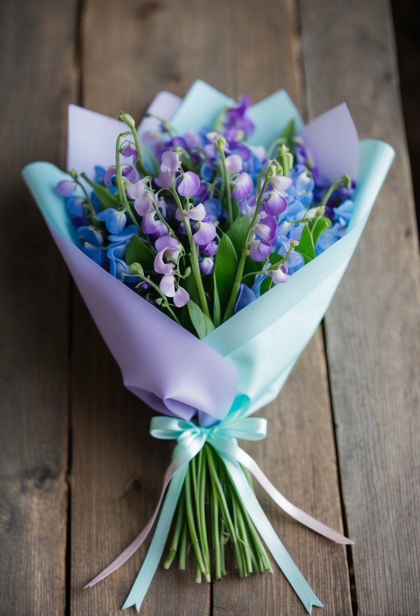 A delicate bouquet of Serenity Blue and Lilac Sweet Peas, wrapped in pastel ribbons, sits on a rustic wooden table