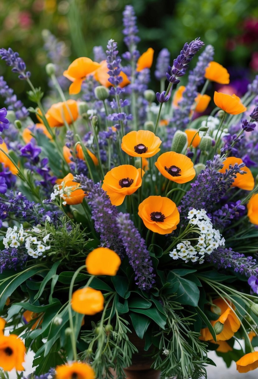 A vibrant bouquet of lavender, poppies, and forget-me-nots arranged in a lush, overflowing display