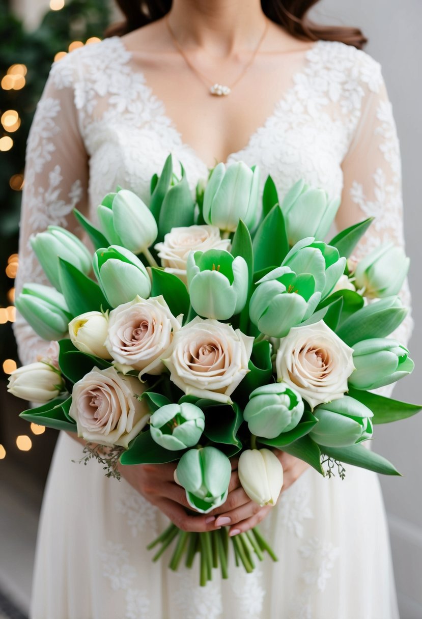 A bouquet of mint green tulips and ivory roses arranged in a delicate pastel wedding bouquet