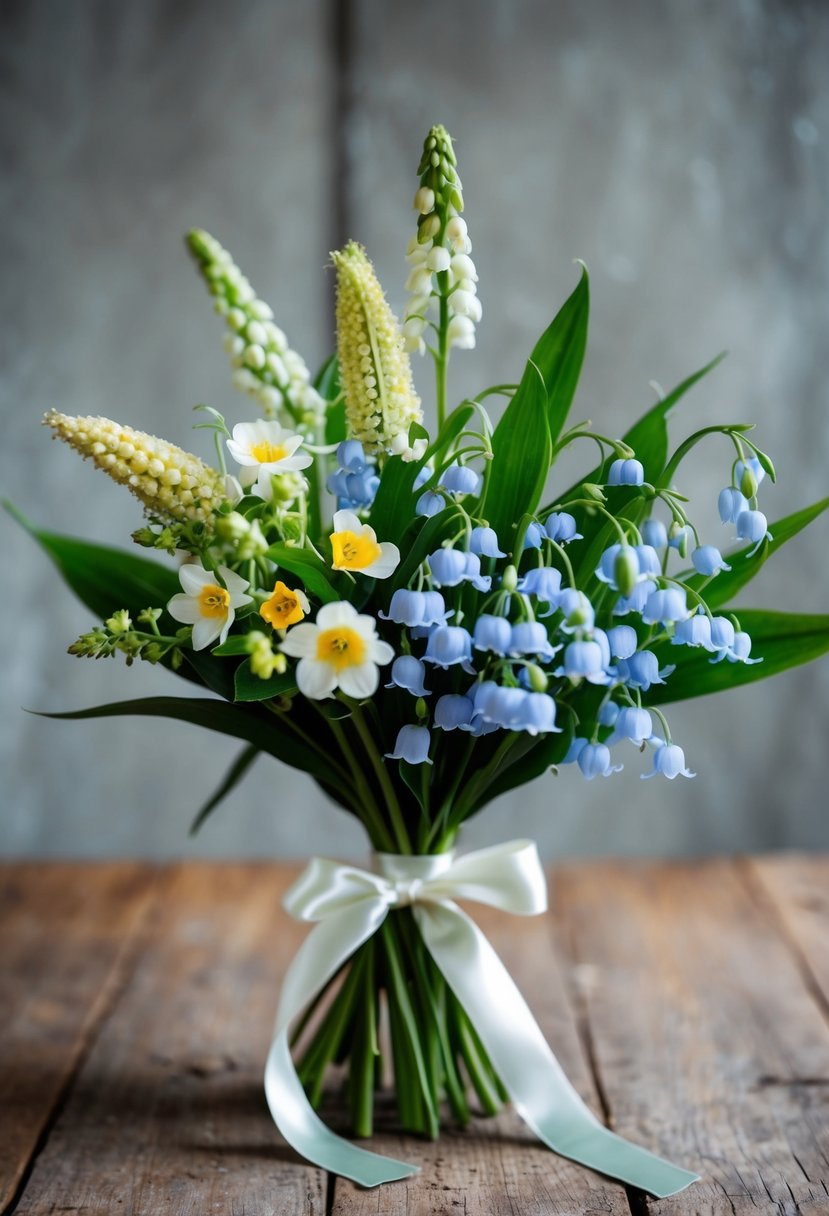 A delicate bouquet of cornflower, lily of the valley, and forget-me-nots, tied with a satin ribbon, sits on a rustic wooden table