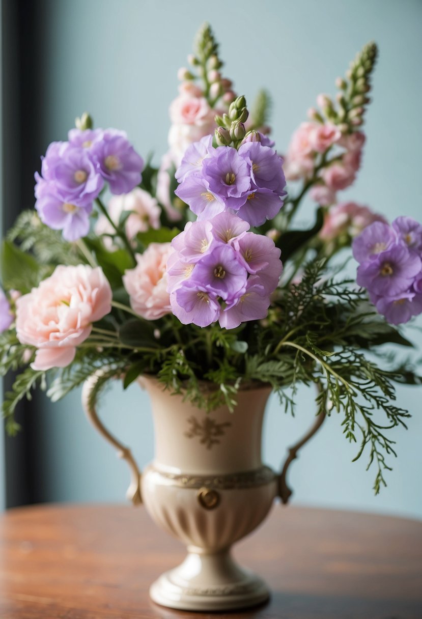 A delicate bouquet of periwinkle and blush pink Lisianthus flowers, accented with greenery, arranged in a vintage-style vase