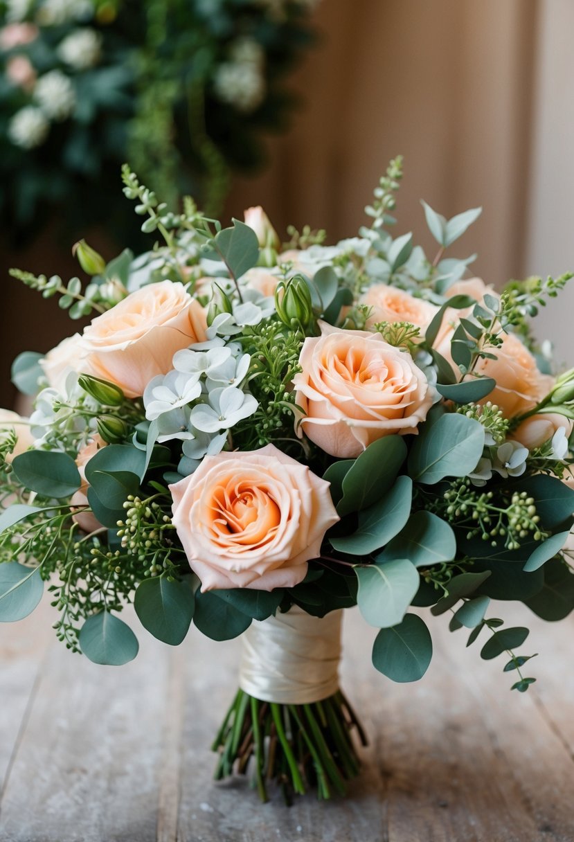 A lush bouquet of peach roses and eucalyptus, accented with delicate forget-me-nots, creates a romantic and elegant wedding bouquet