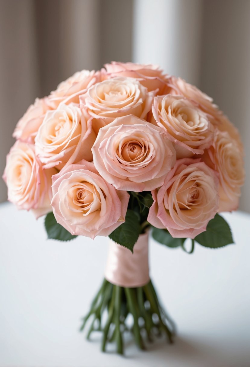 A delicate bouquet of shimmering peachy pink roses in a pastel color palette