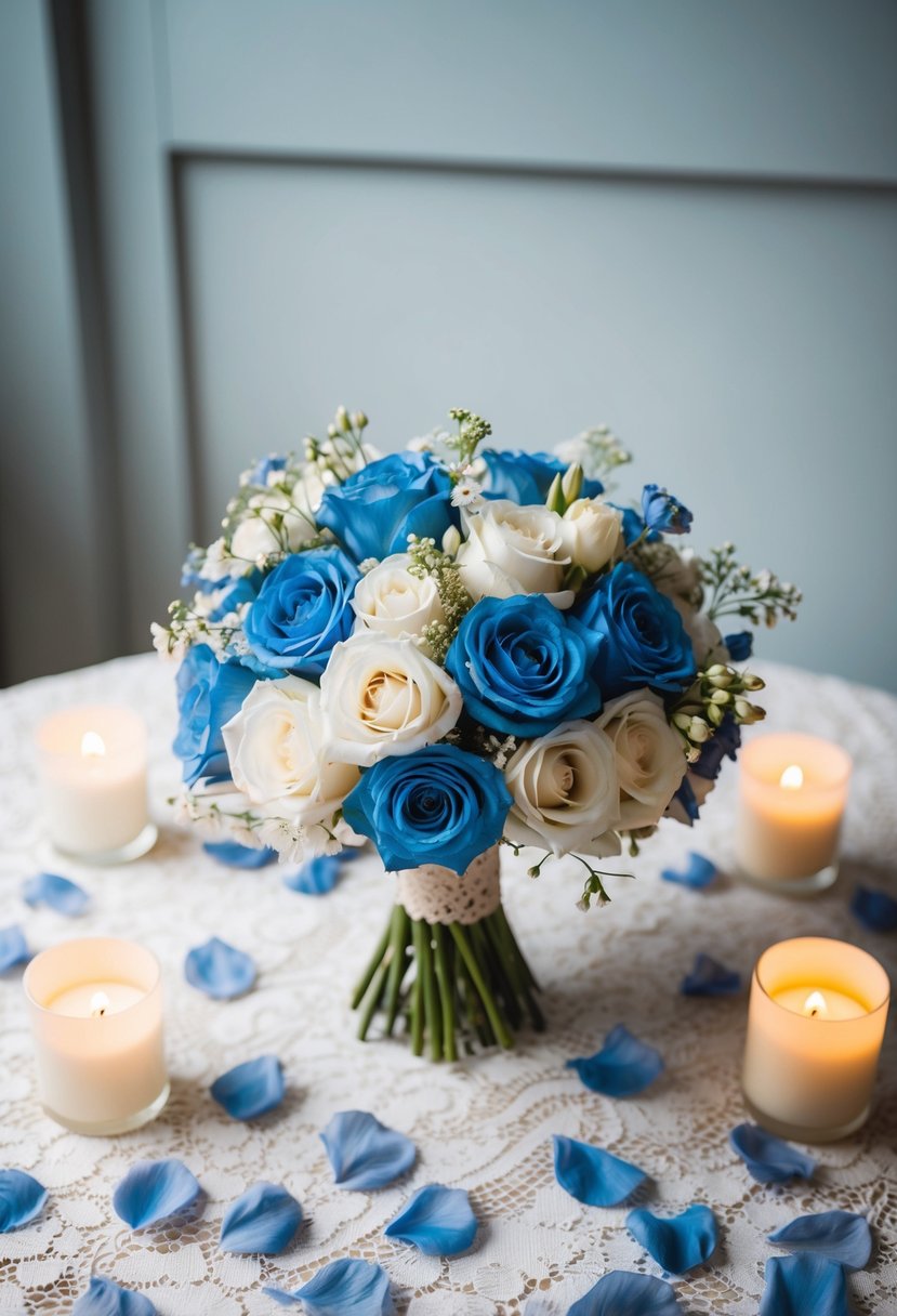 A delicate blue and white wedding bouquet rests on a lace-covered table, surrounded by scattered petals and soft candlelight