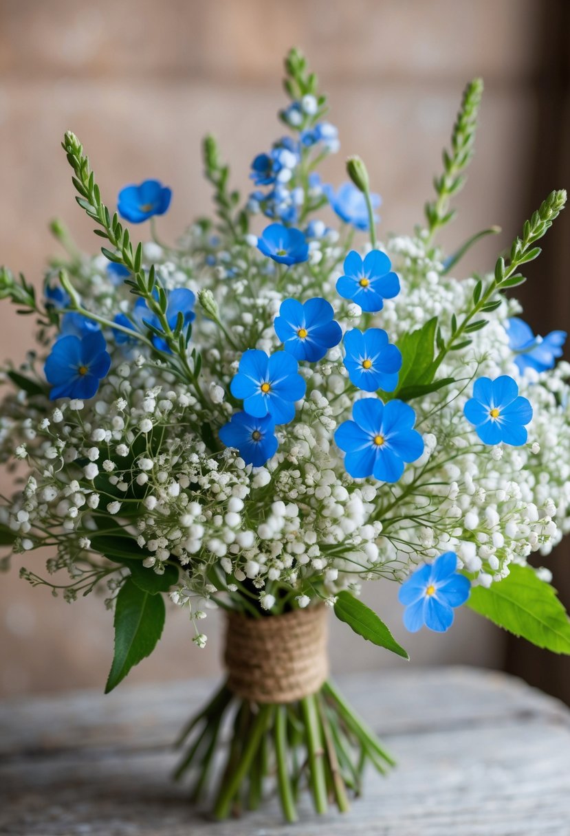 A delicate bouquet of white Baby's Breath and vibrant blue Forget Me Nots, arranged in a rustic, hand-tied style