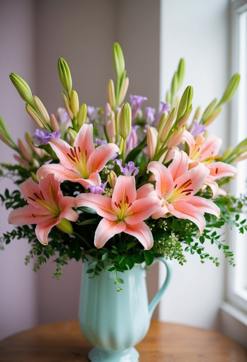 A delicate bouquet of coral and lavender lilies, accented with springtime greenery, arranged in a pastel-colored vase