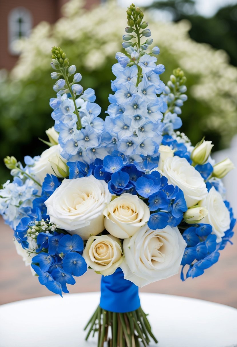 A delicate fusion of delphinium and white roses in a blue and white wedding bouquet