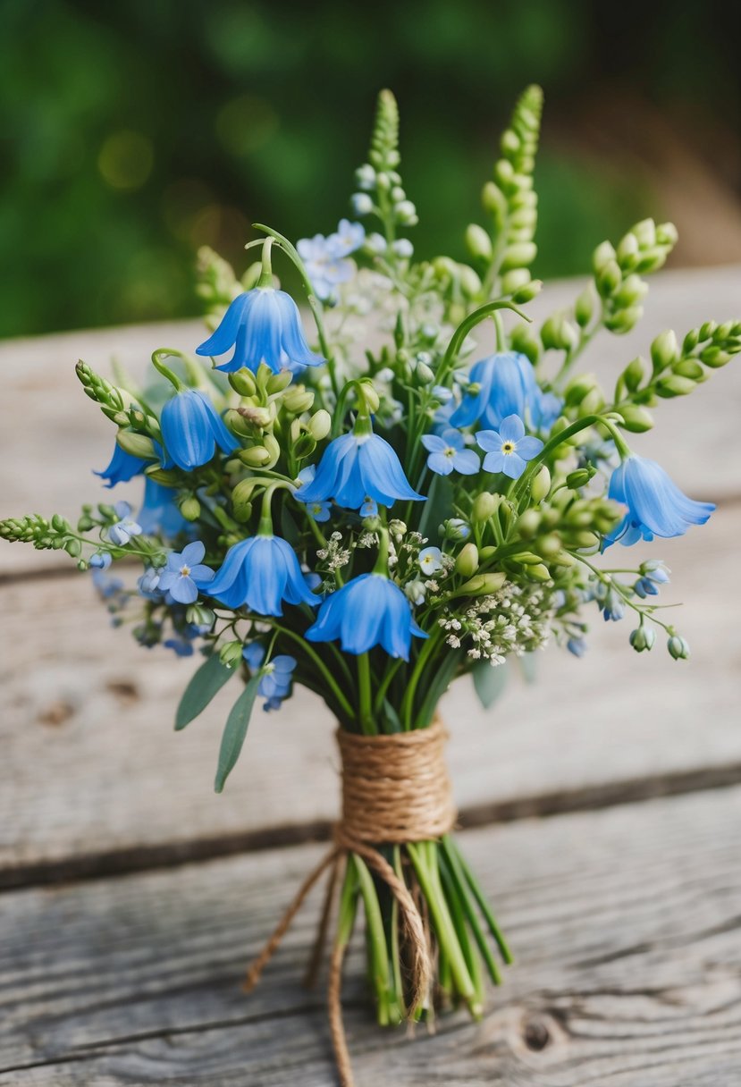 A rustic wedding bouquet featuring Bohemian Bluebells and forget-me-nots tied with twine