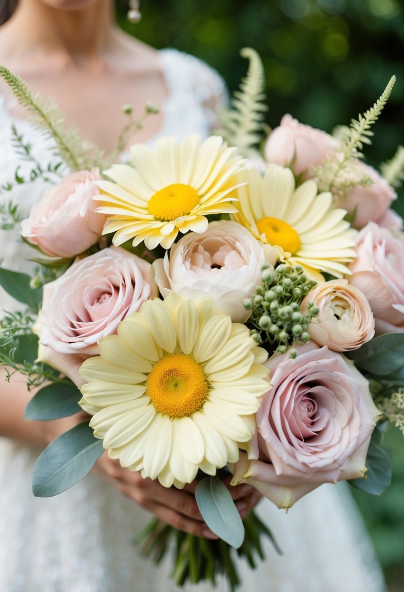 A delicate pastel wedding bouquet of soft yellow chamomile accents, surrounded by blush roses and pale green foliage