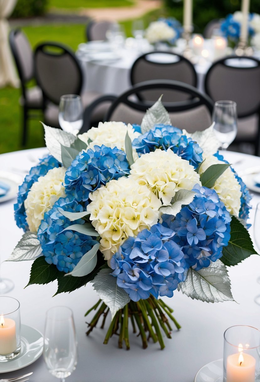 A lush bouquet of blue and white hydrangeas with silver foliage, arranged in an elegant wedding setting