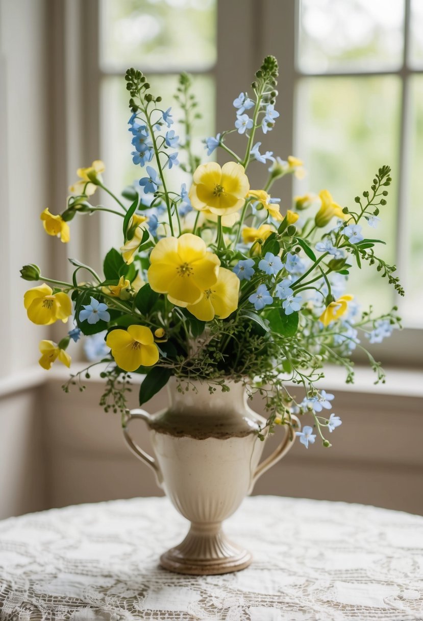 A delicate bouquet of primroses, honeysuckles, and forget-me-nots, intertwined with delicate greenery, sits in a vintage vase on a lace-covered table