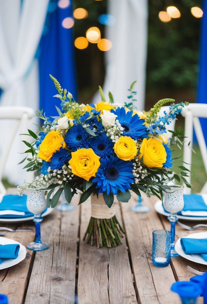 A rustic wooden table adorned with a vibrant blue and yellow wedding bouquet, surrounded by white and blue bohemian-style decor