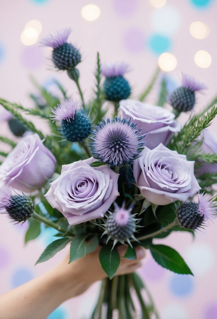 A delicate bouquet of lavender spray roses and blue thistle arranged in a pastel color palette