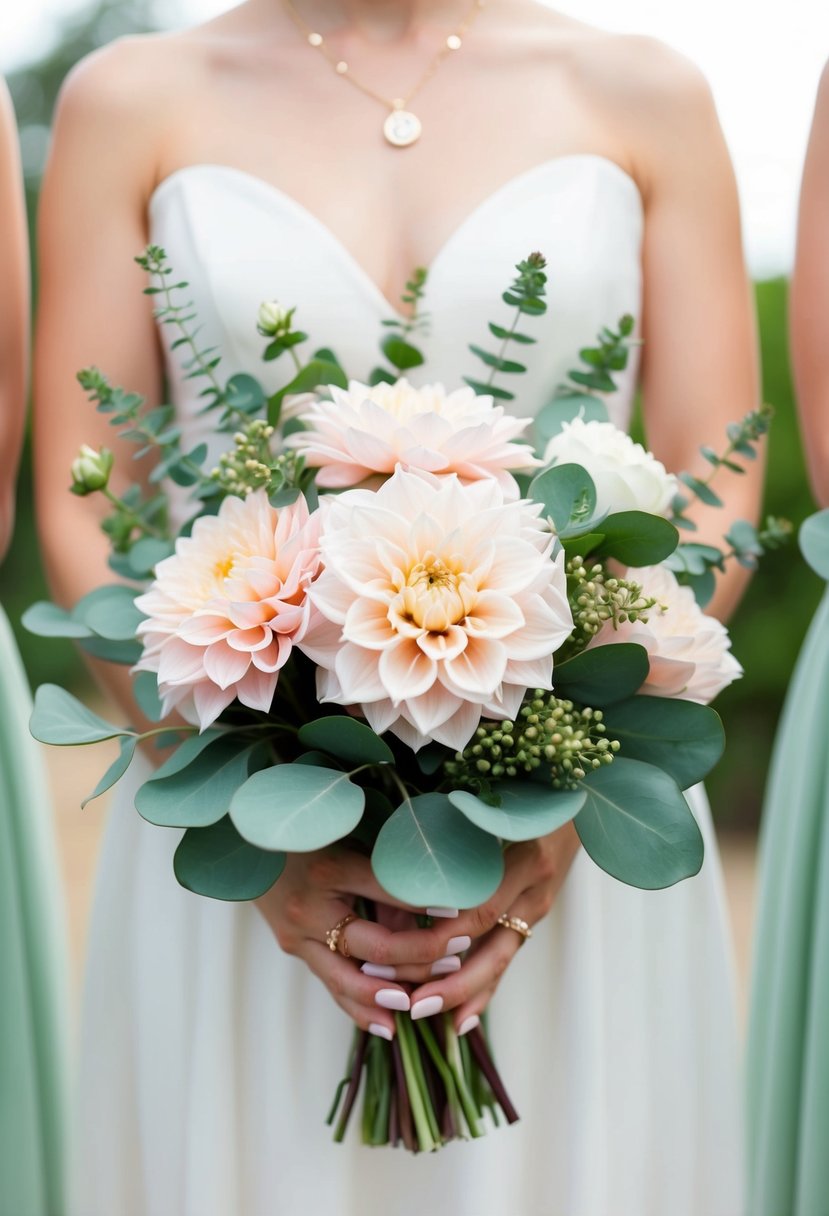 A delicate blush dahlia and mint green eucalyptus wedding bouquet arranged in a pastel color scheme