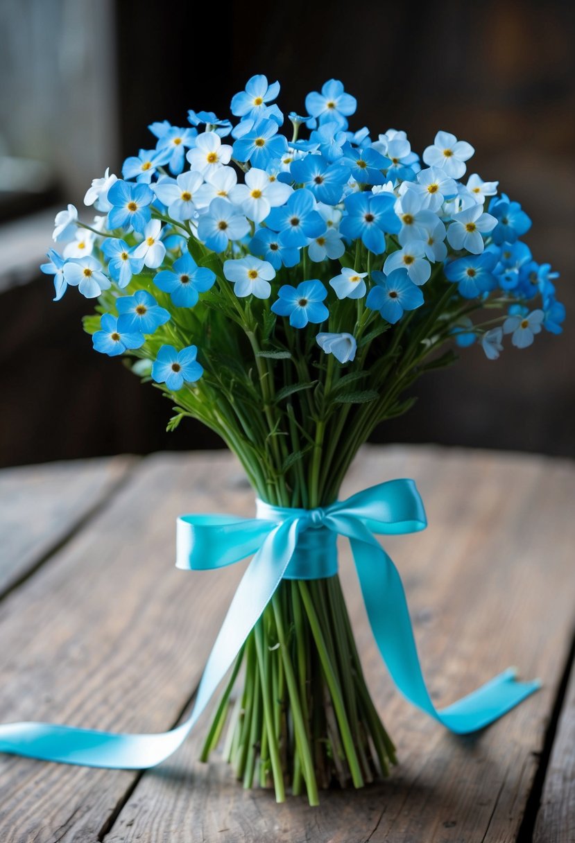 A delicate bouquet of blue and white forget-me-nots, tied with a satin ribbon, sits on a rustic wooden table