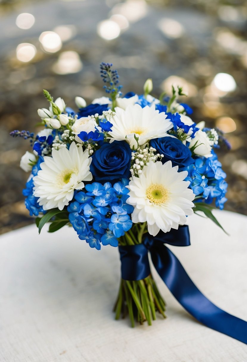 A navy and white wedding bouquet with delicate blue and white flowers, tied with a satin ribbon