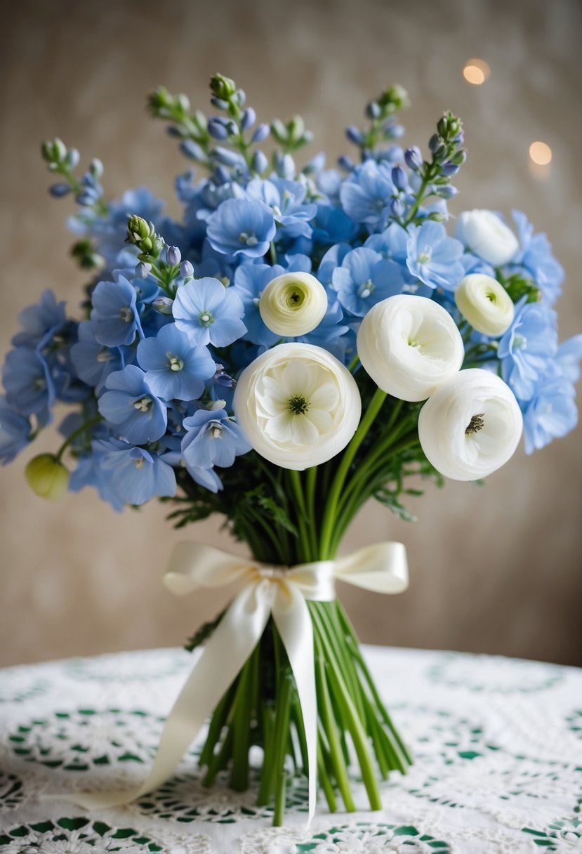 A delicate bouquet of baby blue delphinium and white ranunculus, tied with a satin ribbon, sits on a lace-covered table