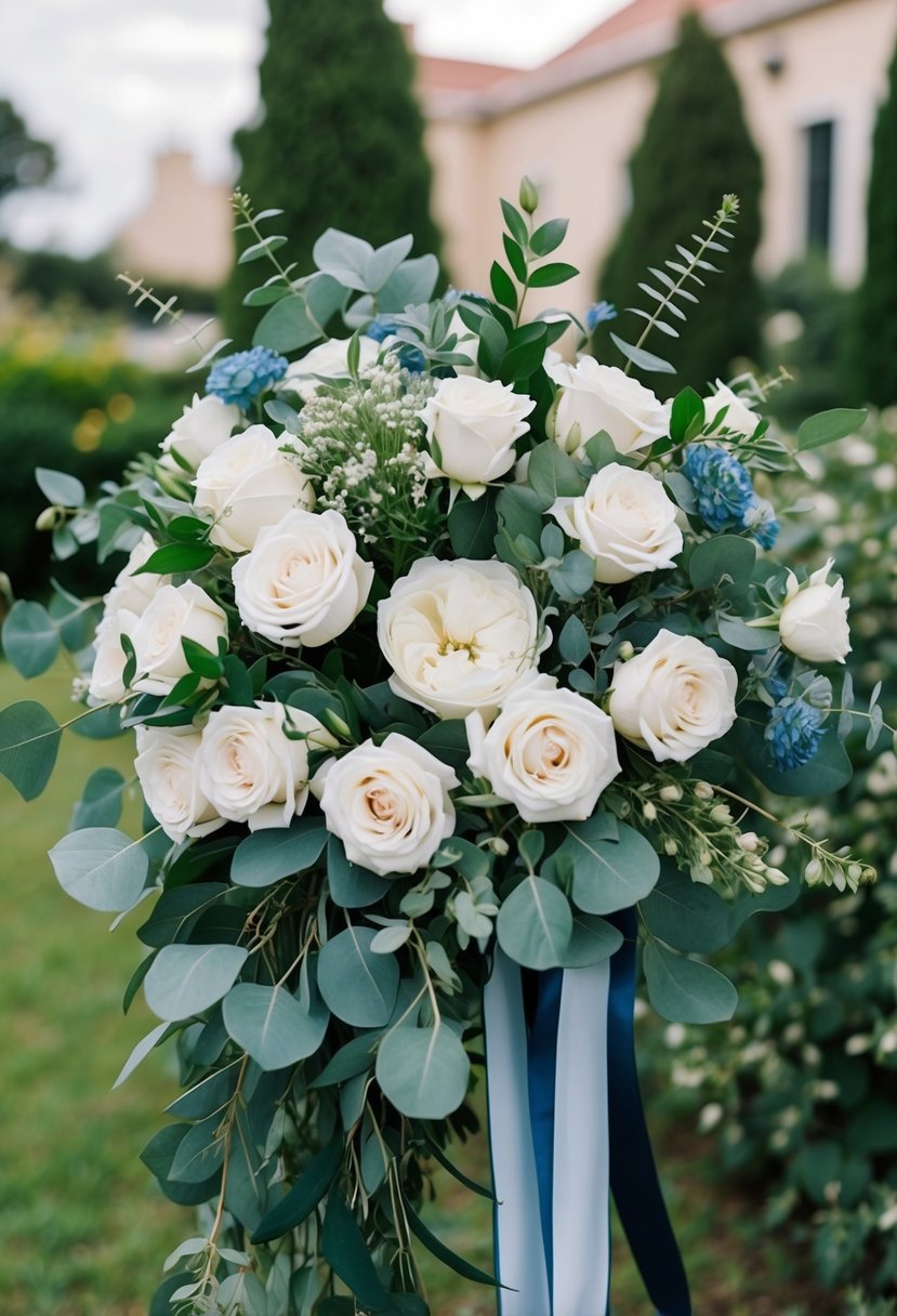 A lush bouquet of garden roses and eucalyptus, with touches of blue and white, arranged in a cascading style