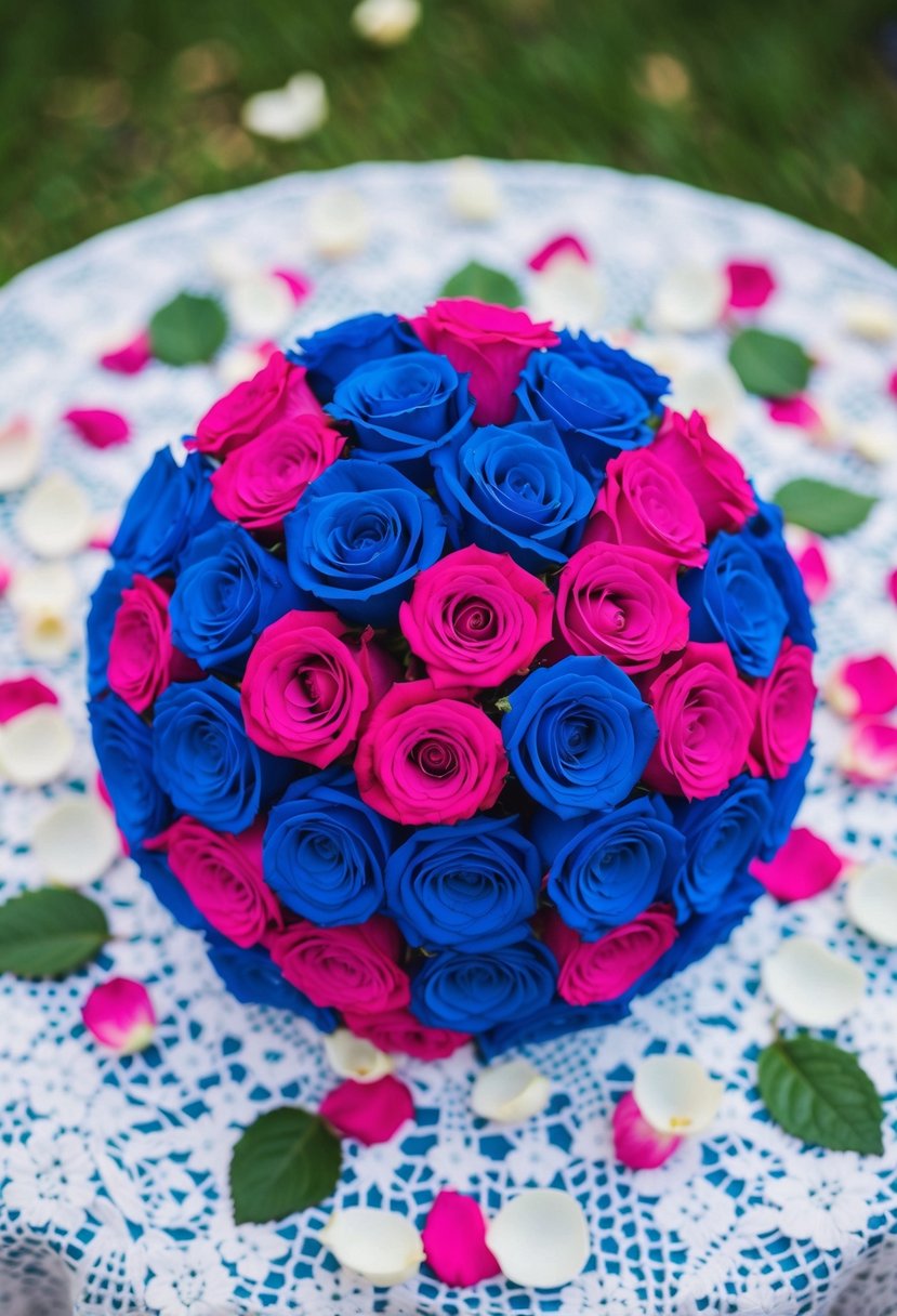 A vibrant blue and fuchsia bouquet sits on a white lace tablecloth, surrounded by scattered white rose petals