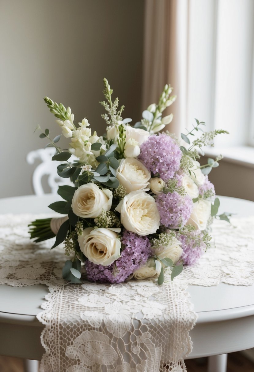 A delicate bouquet of ivory and lilac stock flowers, accented with pastel greenery, rests on a vintage lace table runner