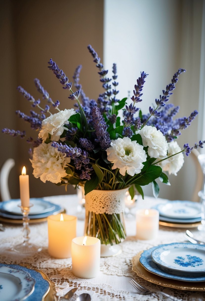 A delicate white and blue lavender bouquet rests on a lace-covered table, surrounded by soft candlelight and vintage china