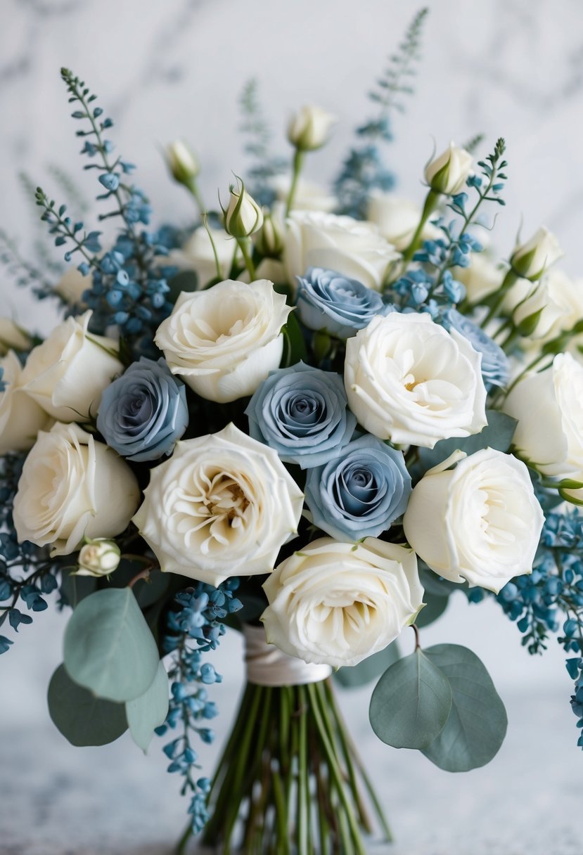 A bouquet of white roses and dusty blue accents arranged in a delicate, cascading style