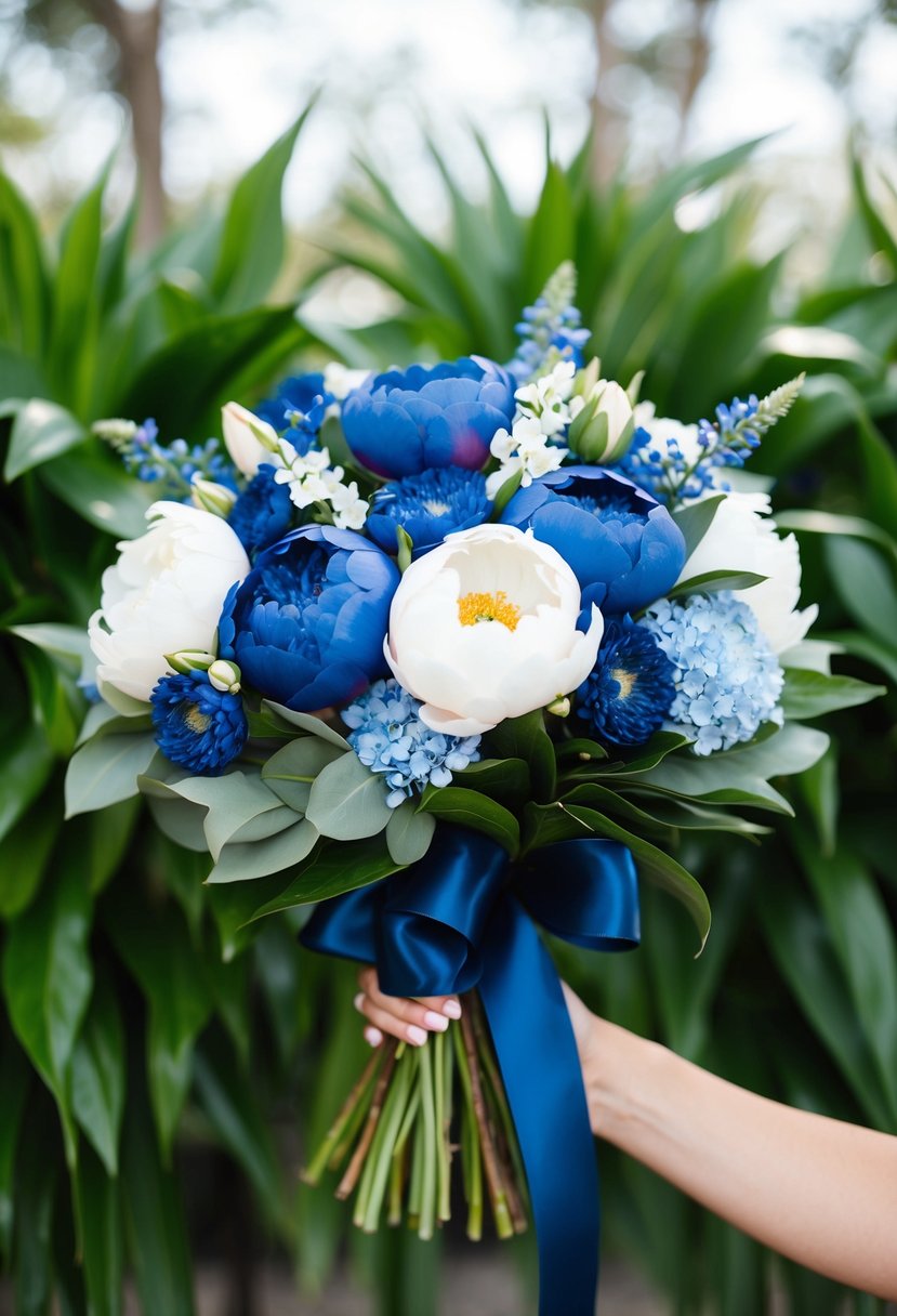 A lush bouquet of peonies and blue flowers, accented with white, wrapped in indigo ribbon