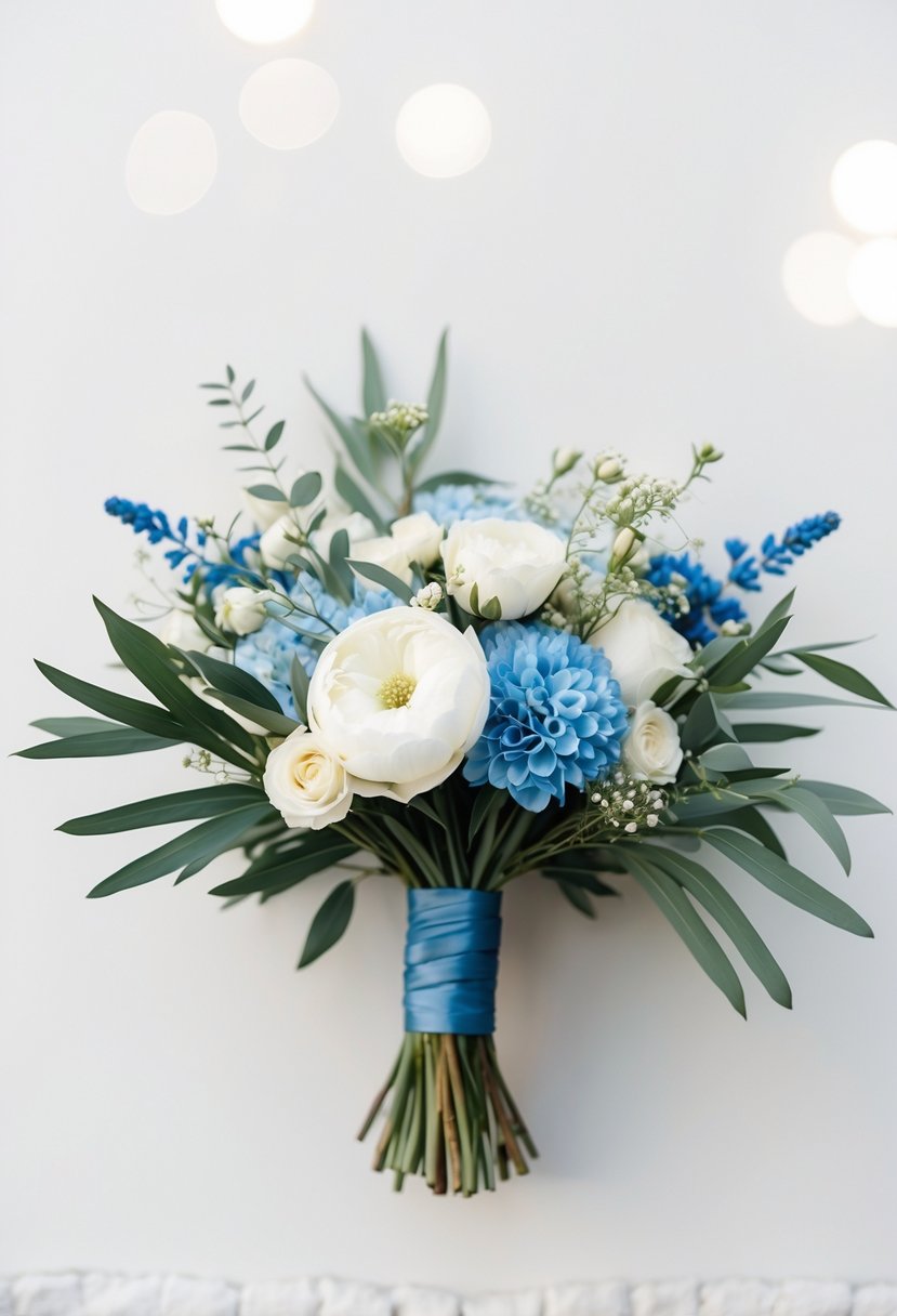 A simple blue and ivory wedding bouquet with delicate white flowers and greenery, arranged in a minimalist style