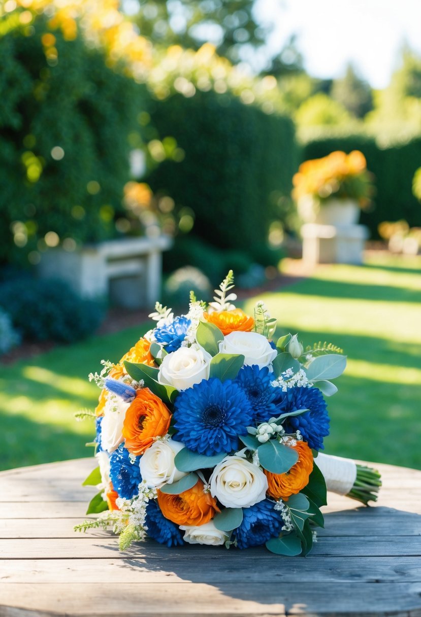 A rustic blue and orange wedding bouquet with white accents sits on a wooden table in a sunlit garden