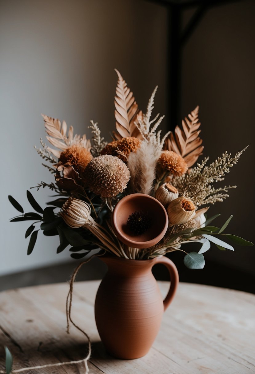 A terracotta wedding bouquet with earthy tones and textured foliage, accented with dried flowers and twine, arranged in a rustic vase