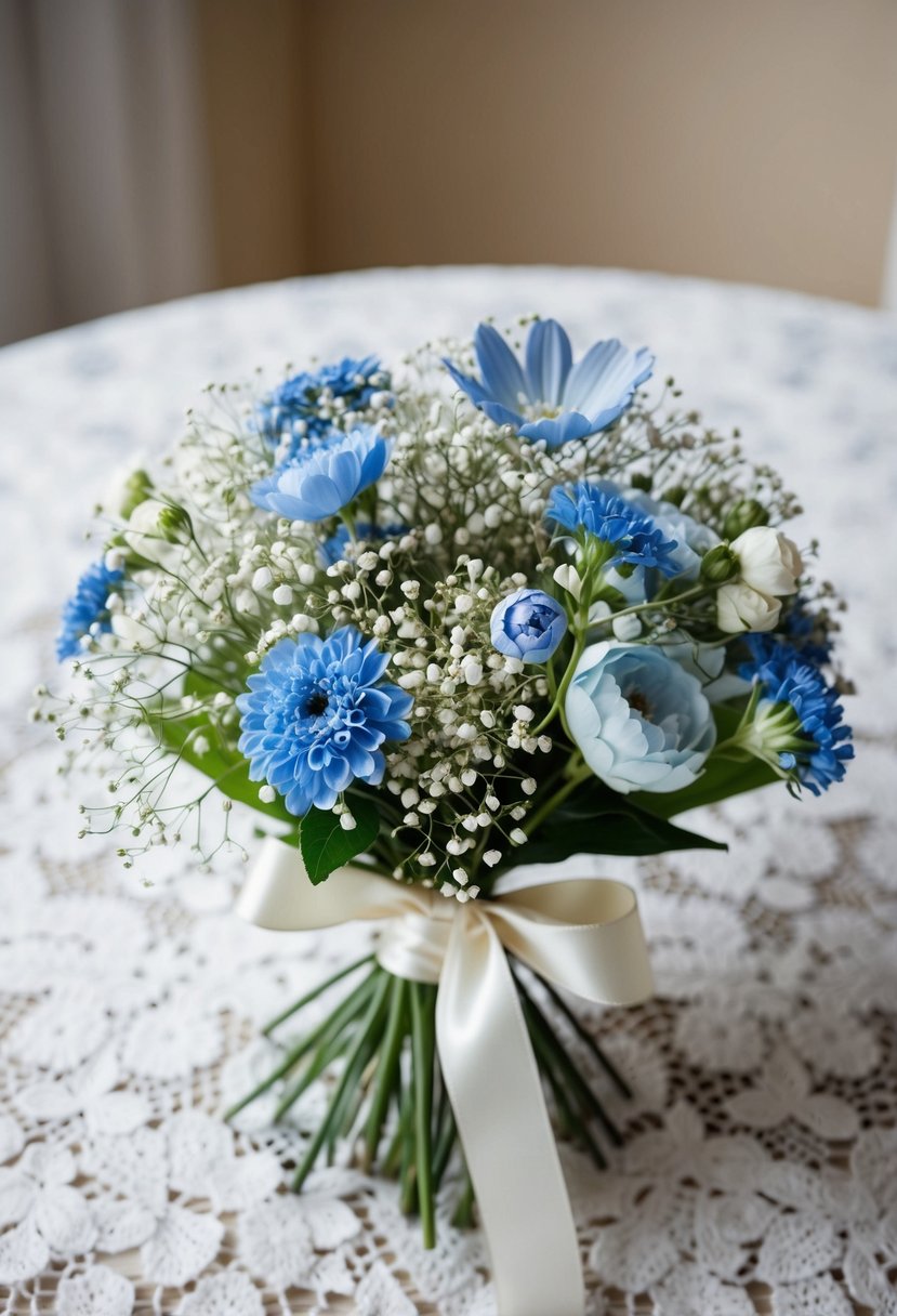 A delicate bouquet of baby's breath and blue and white flowers, tied with a satin ribbon, sits on a lace tablecloth