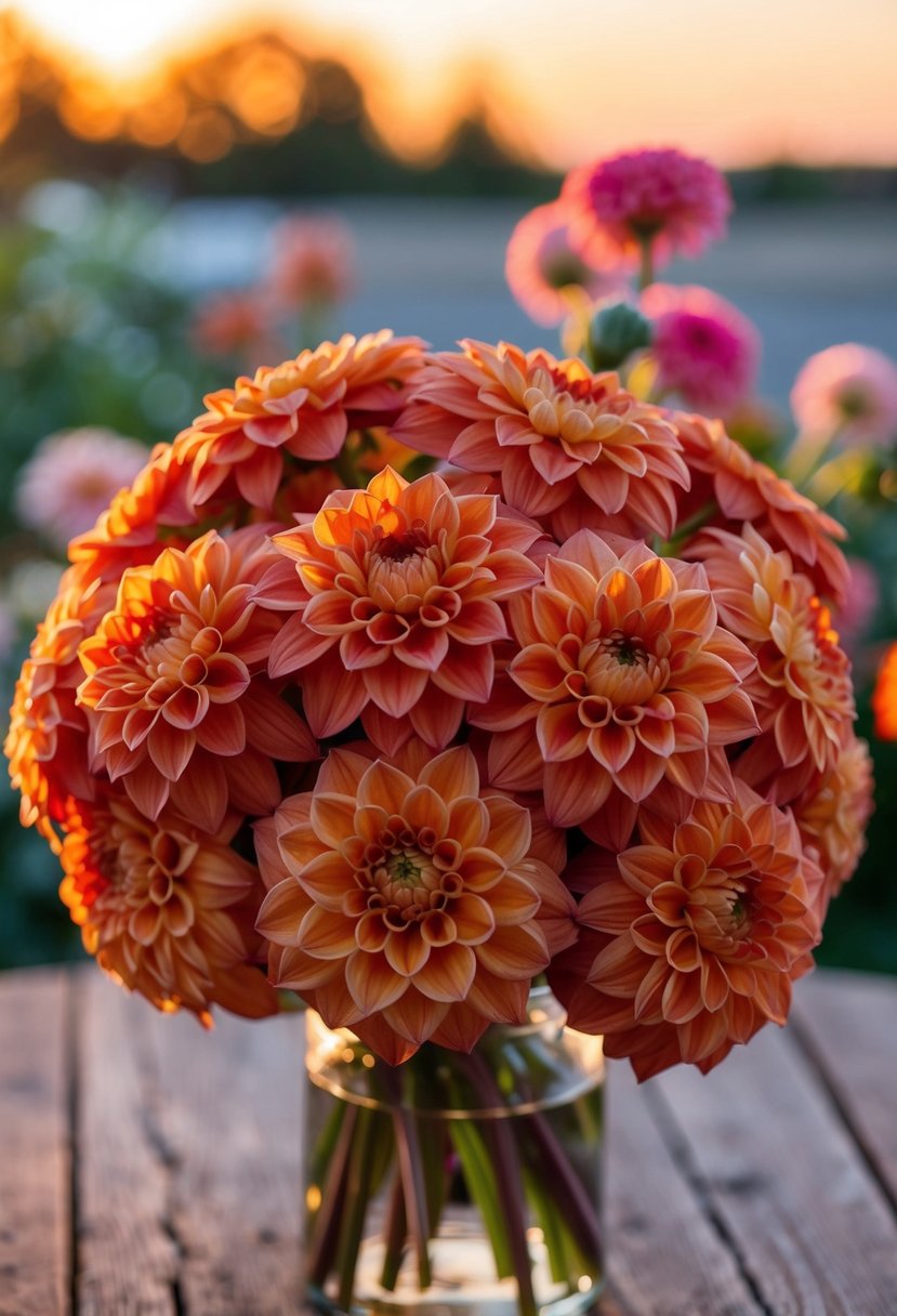 A terracotta dahlia bouquet bathed in the warm glow of a sunset, with hints of orange and pink in the sky