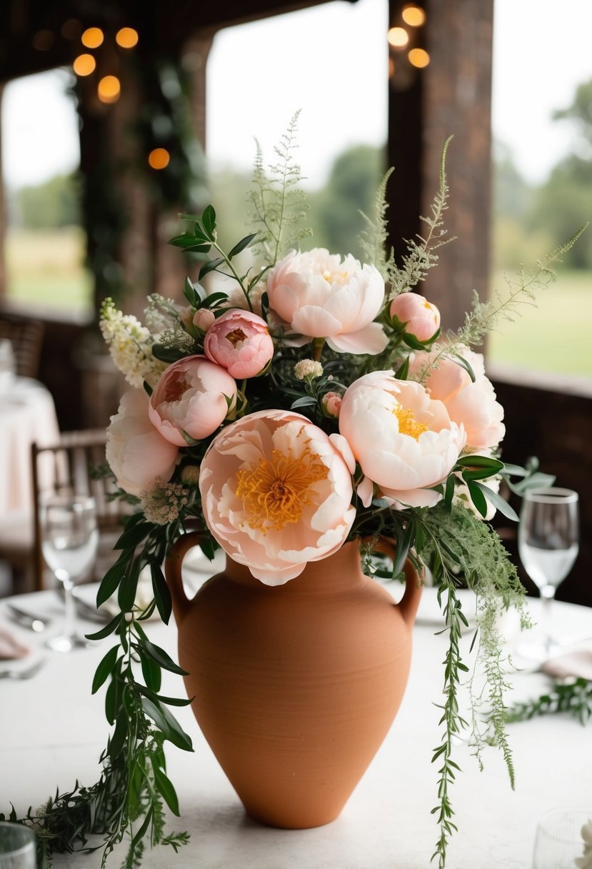 A terracotta vase holds a lush bouquet of peach peonies, bohemian charms, and trailing greenery, creating a romantic and whimsical wedding centerpiece