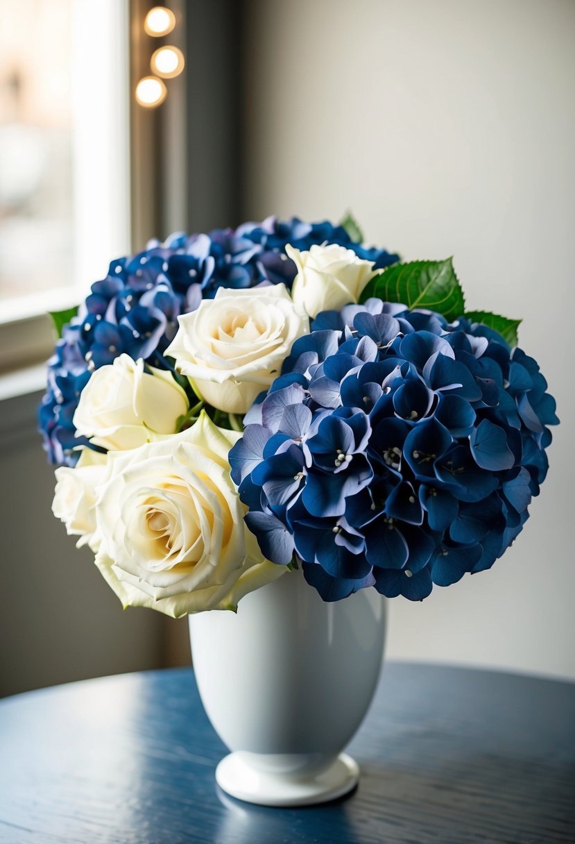 A bouquet of navy hydrangeas and ivory roses in a white vase