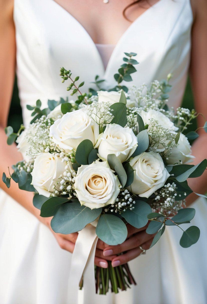 A bride's bouquet of white roses, eucalyptus, and dusty miller, accented with delicate baby's breath and tied with a satin ribbon