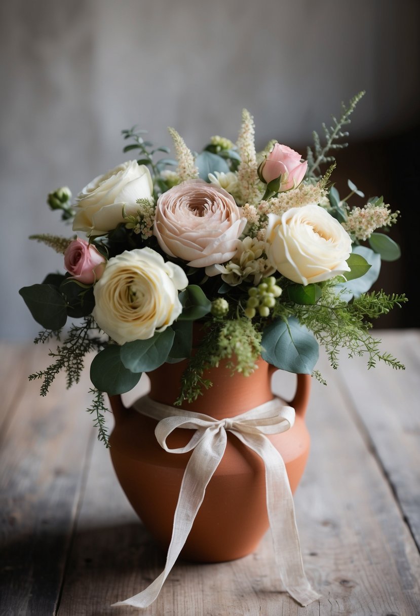 A terracotta vase holds a bouquet of cream and rose-colored flowers, accented with rustic greenery and tied with a delicate ribbon