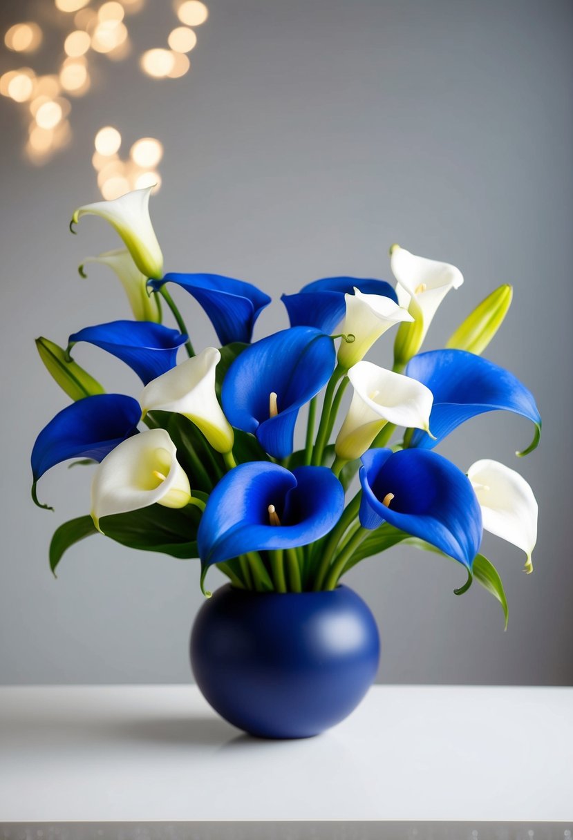 A modern bouquet of blue calla lilies and white flowers arranged in a sleek, minimalist style