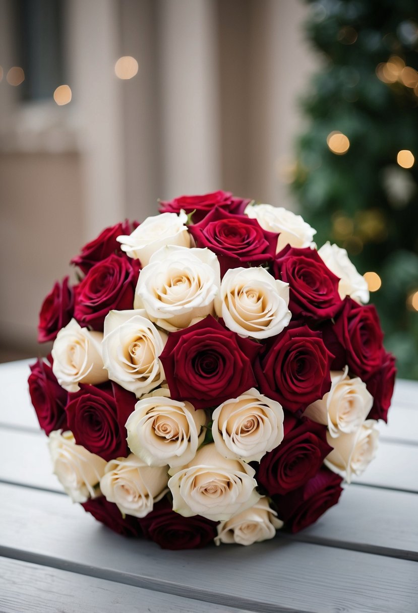 A bouquet of crimson and ivory roses arranged in a delicate and elegant manner, perfect for a January wedding