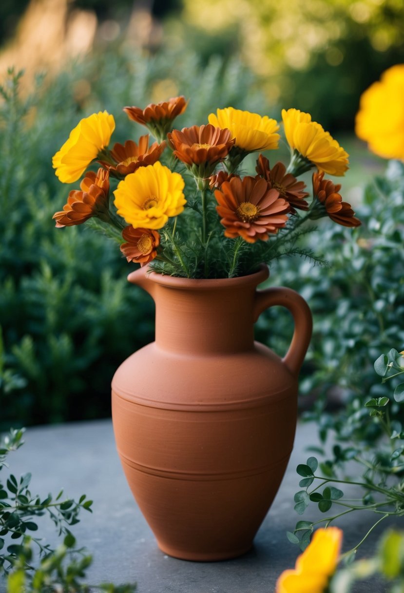 A terracotta vase filled with mustard and terracotta flowers, surrounded by greenery and warm sunlight