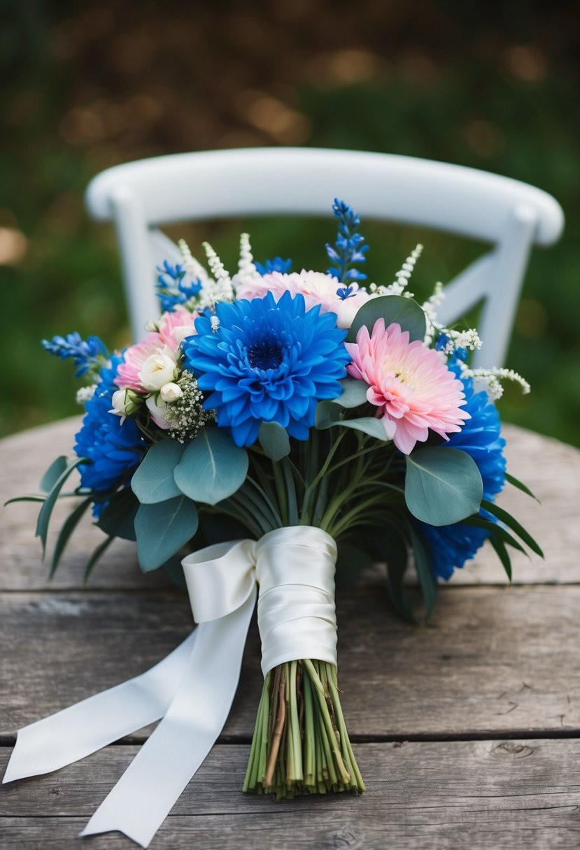 A rustic wedding bouquet with blue and pink flowers, tied with white ribbon, resting on a weathered wooden table