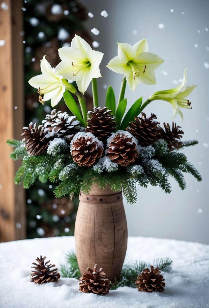 An arrangement of fresh amaryllis and pinecones, accented with winter greenery, sits in a rustic wooden vase on a snow-covered table