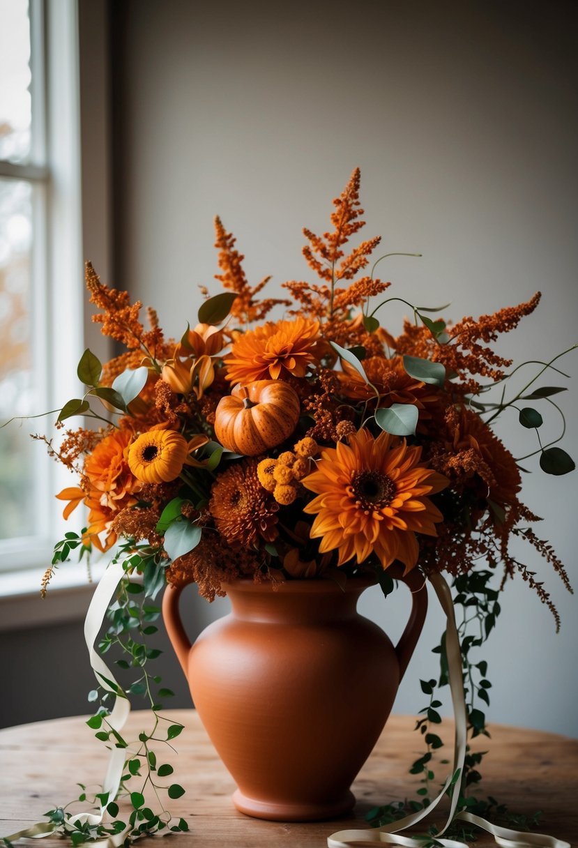 A terracotta vase holds a lush bouquet of burnt orange autumn flowers and foliage, accented with elegant ribbons and trailing vines